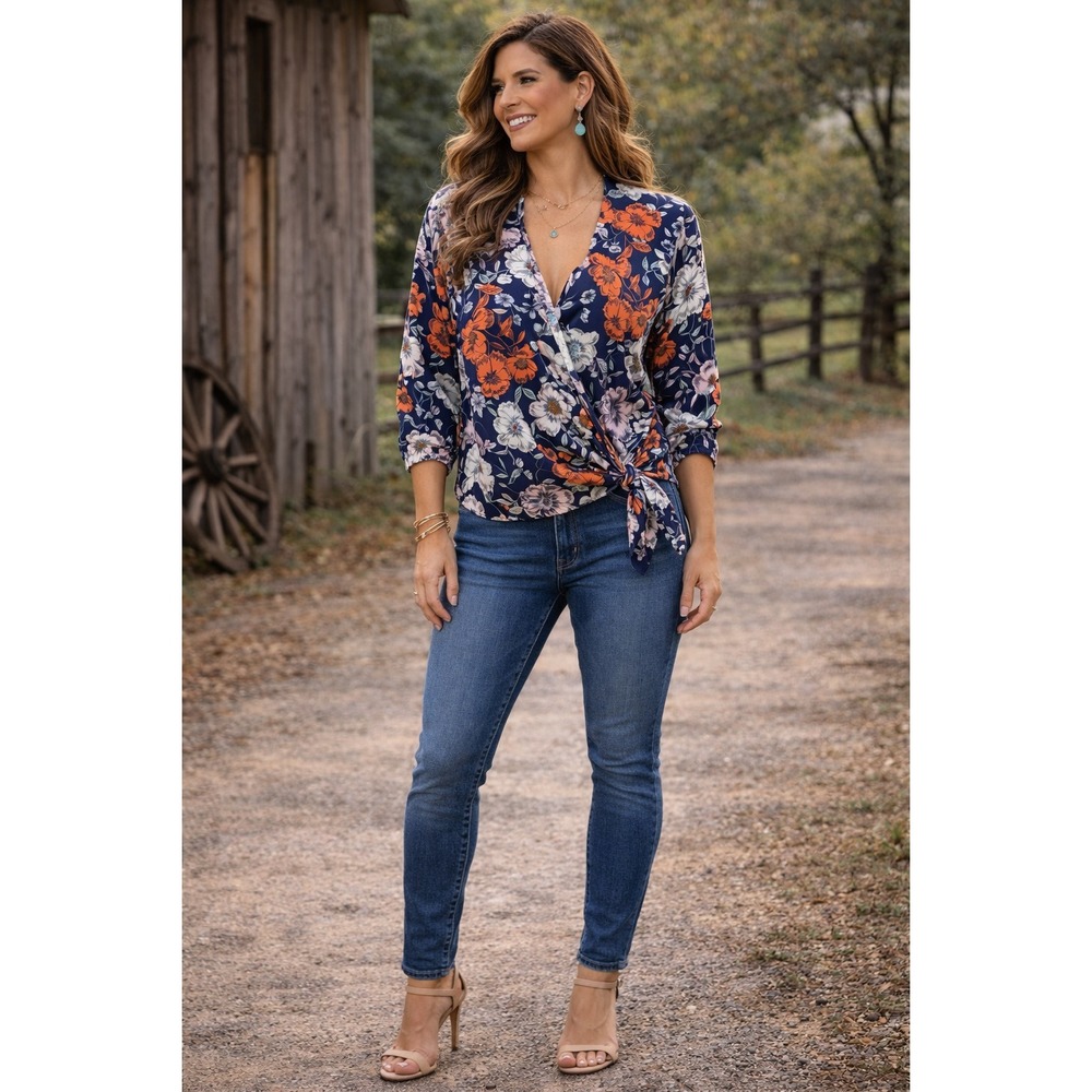 ST JOHNS BAY Blue Floral Wrap Front LS Shirt Top w/Waist Ties~Size XL